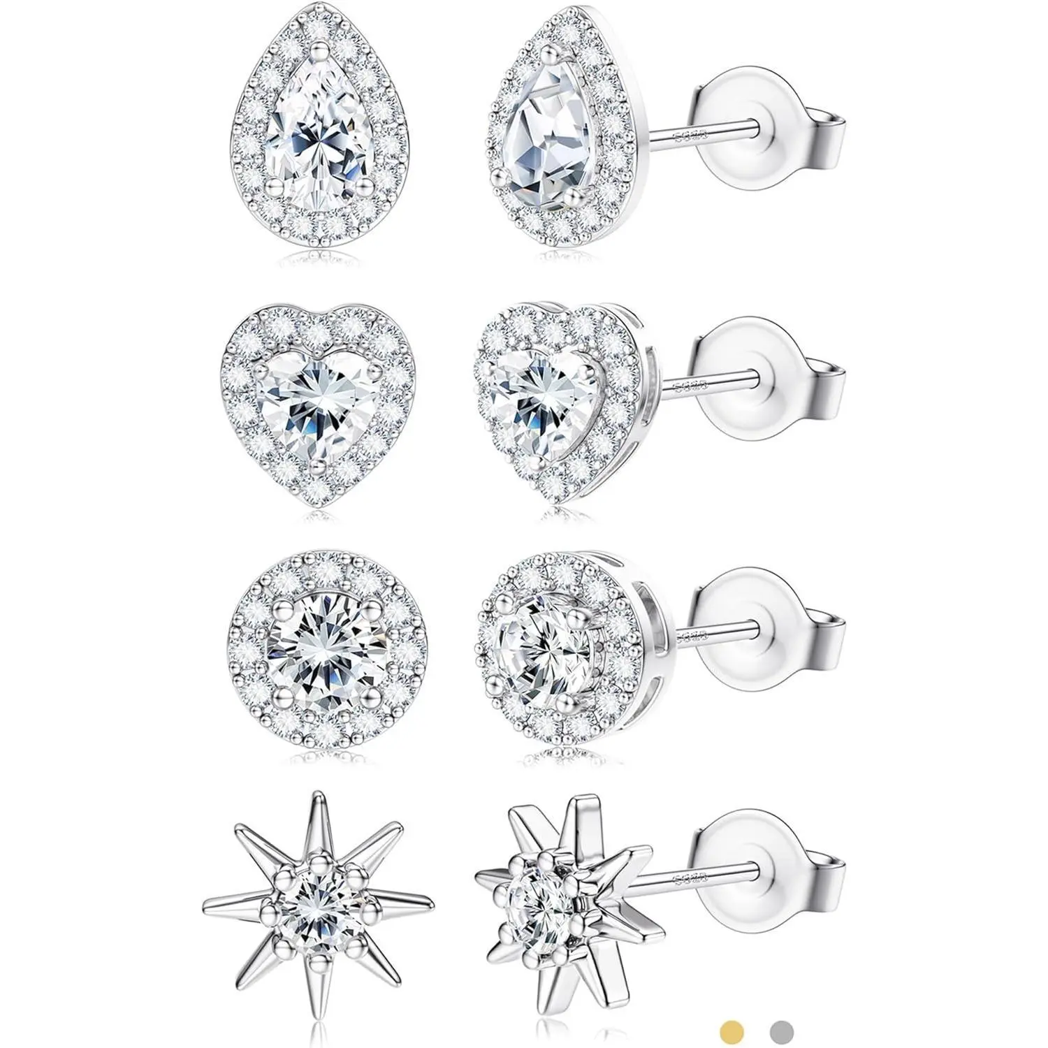 CASSIECA 4-Pair Hypoallergenic Earrings Set - Non Tarnish, Pain-Free, Casual Style, Gold-Silver Tone Heart-Shaped, Love Knot & Round CZ Studs for Sensitive Ears, Daily Summer Wear, Non Tarnish Earrings, Casual Style Earrings