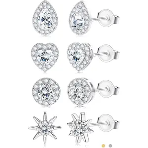 CASSIECA 4 Pairs Hypoallergenic Earrings Set, Gold-Silver Tone Heart Knot & Round CZ Studs, for Sensitive Ears, Daily Wear SummerVibes