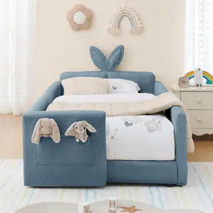 Size Platform Bed Frame with Rabbit Ear Shaped Headboard and Pocket, Boucle Upholstered Bed Frame with Guardrail for Children Kids Boys Girls