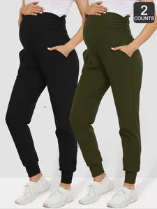 Maternity Solid-Color Ruched High-Waisted Pants with Pockets, Casual Comfy Trousers for Fall and Winter, Maternity Bottoms for Pregnant Women, Pregnancy Clothes