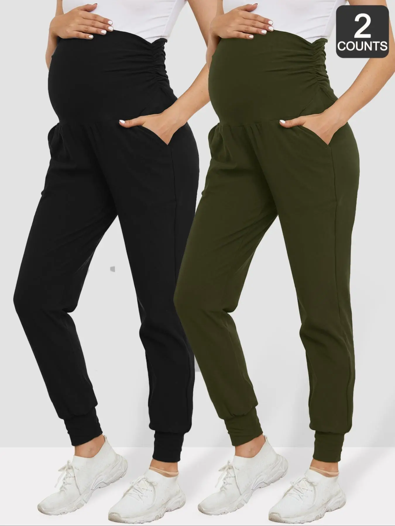 Maternity Solid Color Ruched Pocket High Waist Pants, Casual Comfy Maternity Trousers for Fall & Winter, Maternity Bottoms for Pregnant Women, Materni