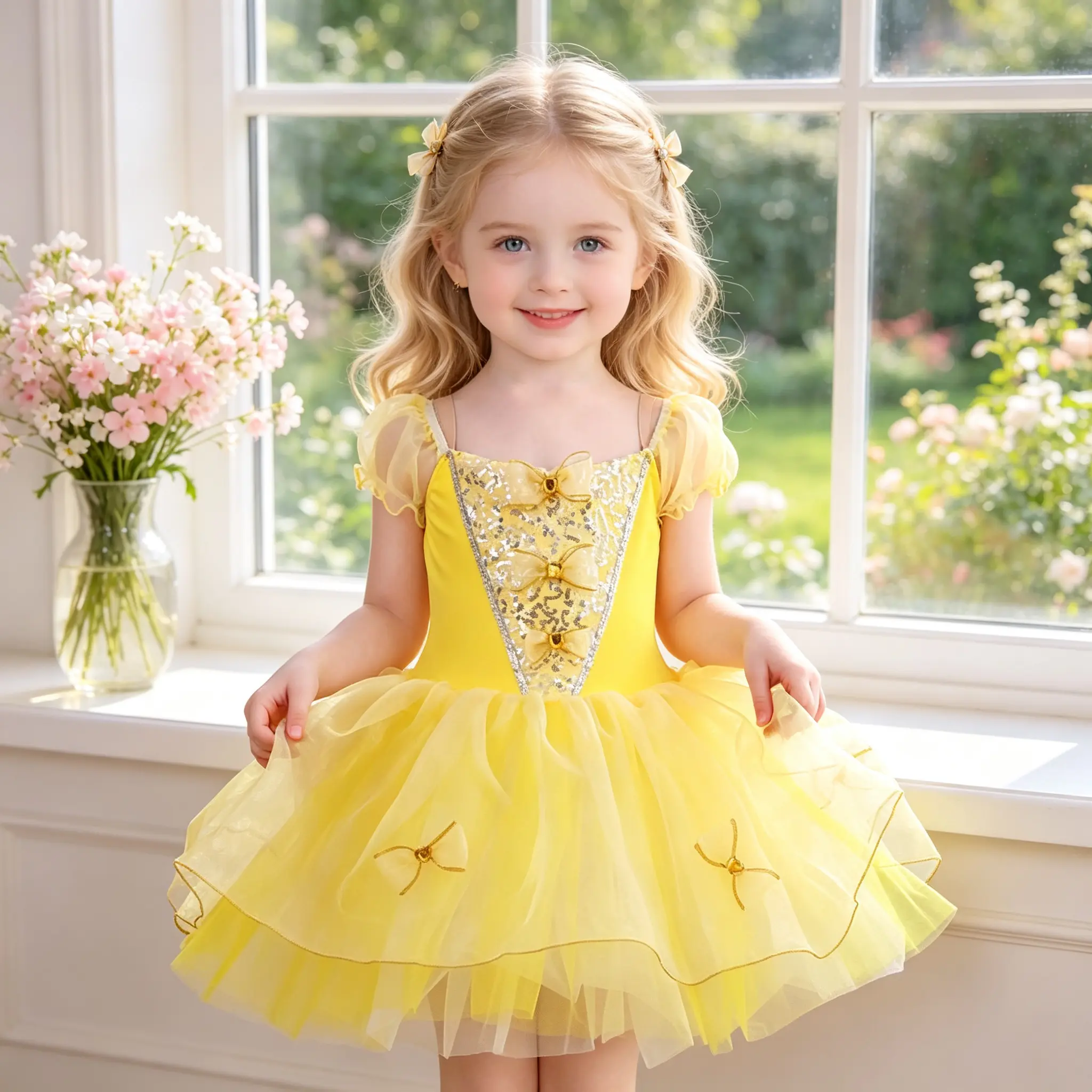 Girls Belle Princess Ballet Tutu Dress Sequin Bow Puff Sleeve Yellow Tulle Dance Costume Kids Birthday Party Halloween Outfit