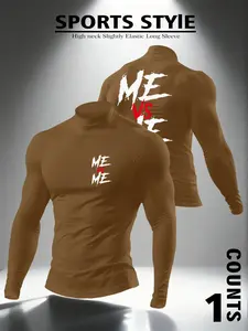 Men's High Neck Long Sleeve Slim Fit Warm Top, Casual Graphic Letter Pattern Kint Fabric, Summer Fashionable Clothing for Men