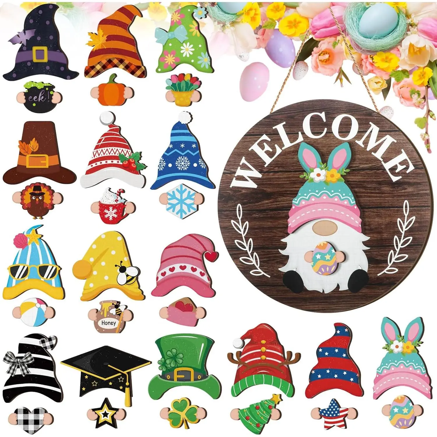 Interchangeable Wooden Gnome Decor Holiday Seasonal Gnome Decorations with Magnet Pieces and Detachable Hats Changeable Welcome Sign Home(Attractive Style) Interchangeable Wooden Gnome Decor Holiday Seasonal Gnome Decorations with Magnet Pieces and Detachable Hats Changeable Welcome Sign Home(Attractive Style)