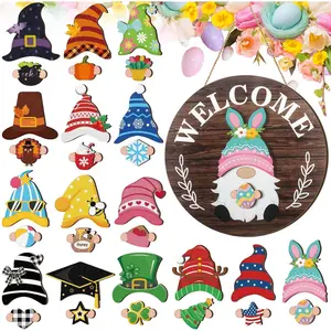 Interchangeable Wooden Gnome Decor Holiday Seasonal Gnome Decorations with Magnet Pieces and Detachable Hats Changeable Welcome Sign  Home(Attractive Style)