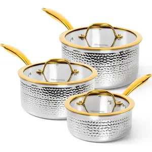 Triply Stainless Steel Saucepan Set, Luxury Hammered Stainless Steel Sauce Pans with Golden Handle,  Sauce Pot Set, Induction Compatible