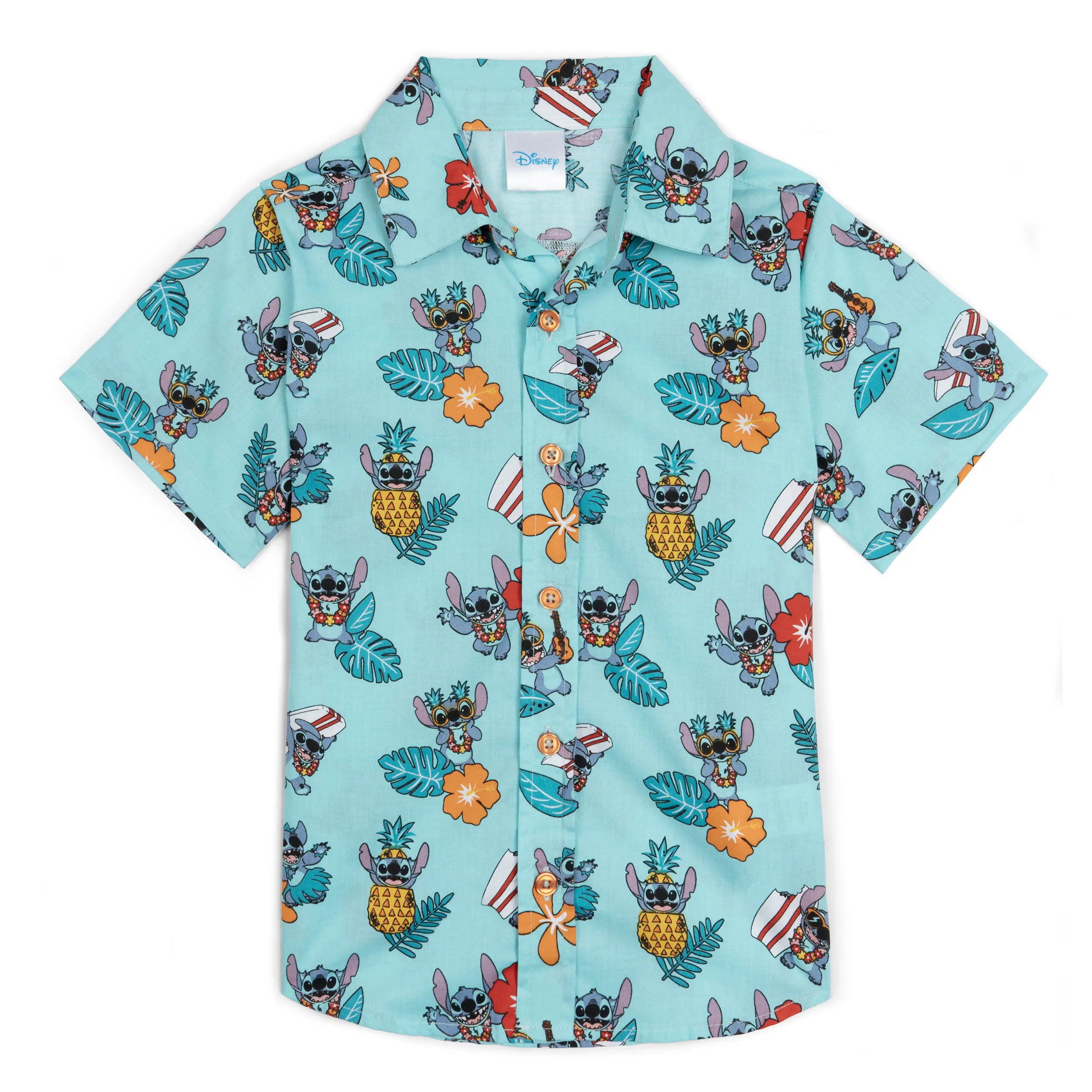 Disney Lilo & Stitch Boys' Hawaiian Tropical Print Short Sleeve Collared Button-Up Shirt, Lightweight Cotton Poplin Casual Vacation Wear for Toddlers to Big Kids, Short Sleeve Tops, Collared Shirt, Casual Wear, 4T, Birthday Parties, Buttons, 3 - 4 Years