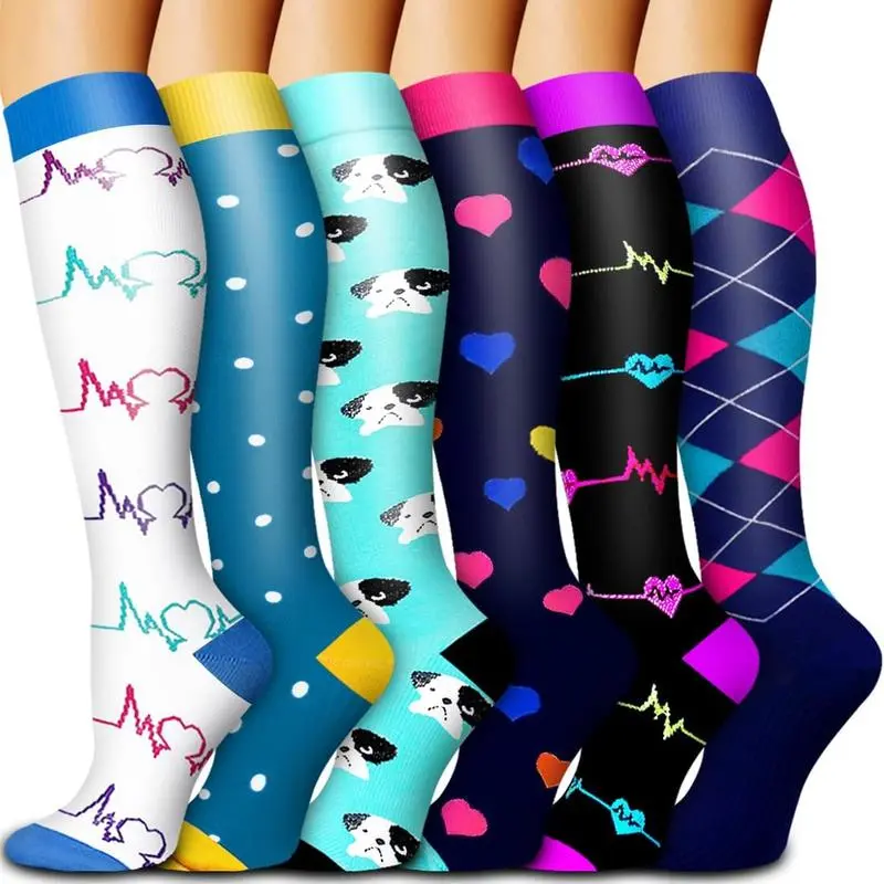 6 Pack Unisex Leopard Copper Compression Socks - Graduated Support for Adults, Male Running & Travel, UV Protection Sports Stockings for Recovery