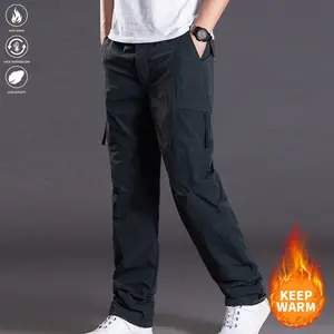 Men's fleece-lined warm work pants, outdoor thickened tactical pants, solid color, multiple pocket design, windproof, suitable for winter outdoor wear
