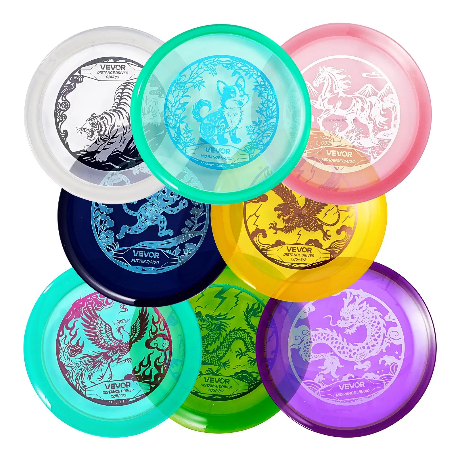 【Summerfinds】 VEVOR Disc Golf Set, 8 Pack Disc Golf Starter Set, Beginners Flying Discs for Full-Body Strength Training, with Putter, Mid-Range, Driver, PDGA Approved, for Outdoor Backyard, Lawn, Beach, and Park, Beginner Friendly, Printed Text Frisbee