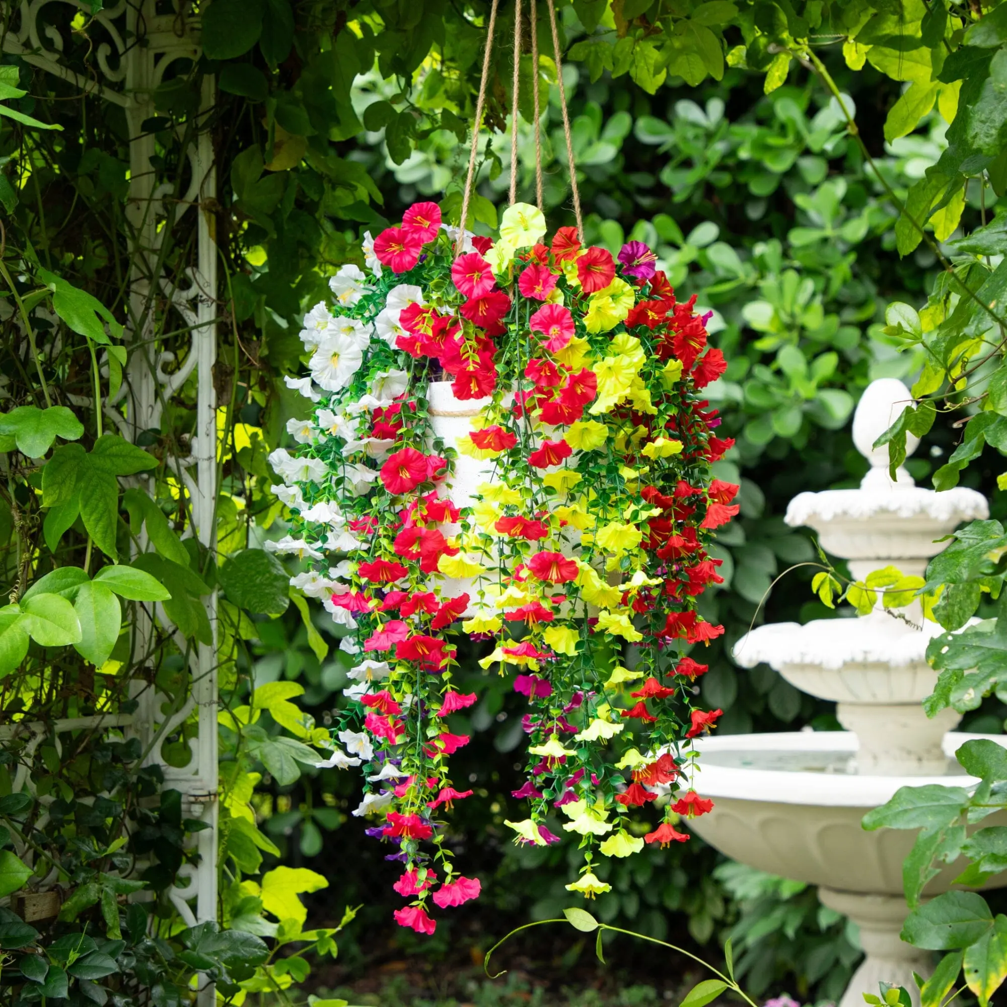 6-Pack 30-in Vibrant UV-Resistant Cascading Artificial Morning Glory Hanging Plants - Decorative Assortment Set for Indoor/Outdoor Window, Botanical Floral Arrangement