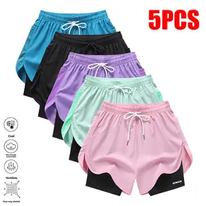 Women's Athletic Shorts 5-Pack Lightweight Quick-Dry Fitness Shorts with Elastic Waistband & Drawstring Non-See-Through for Running Yoga Cycling Double-Layer Breathable Mesh Sporty Style - Bottom, Womenswear