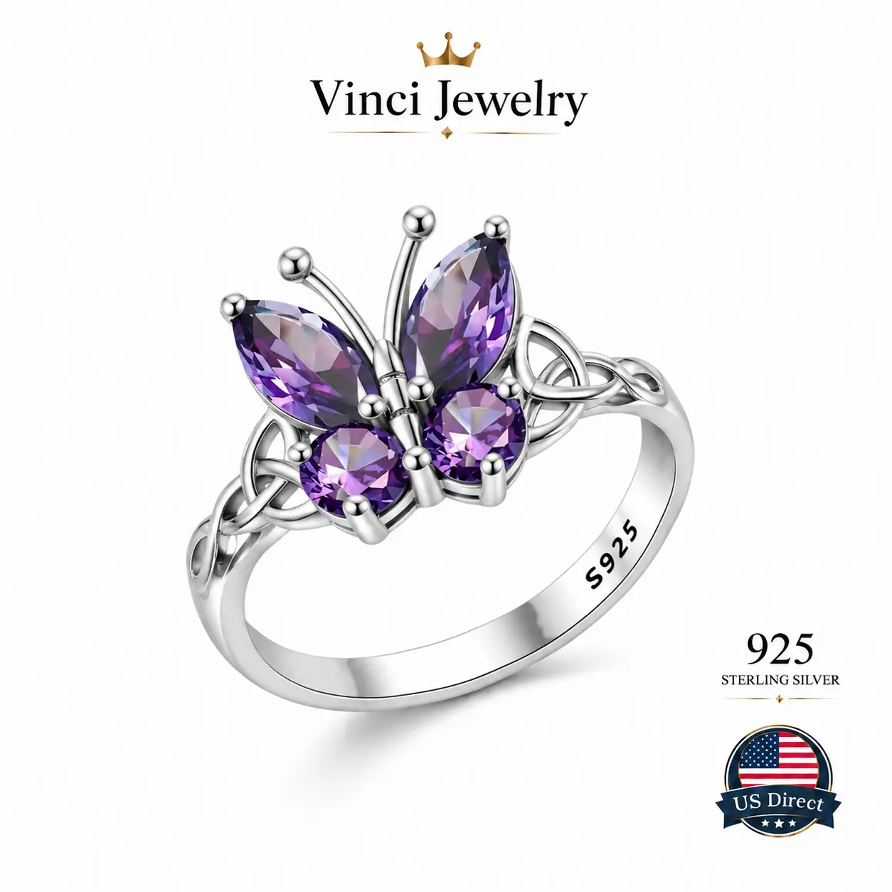 925 Sterling Silver Purple Butterfly Ring for Women Girls Sparkle Lavender Cubic Zirconia Butterfly Ring Elegant Minimalist Design Unisex Jewelry, Suitable for Everyday Wear Gift for Birthday or Mother's Day Sparkling