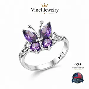 925 Sterling Silver Purple Butterfly Ring for Women Girls Sparkle Lavender Cubic Zirconia Butterfly Ring Elegant Minimalist Design Unisex Jewelry, Suitable for Everyday Wear Gift for Birthday or Mother's Day Sparkling