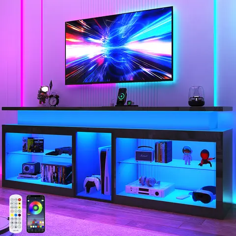 71"/80.7"/94.5" LED TV Stand with Power Outlet,60-Colors LED Lights For 65 70 80 90 100 in TV,High Gloss Gaming Entertainment Center w/Adjustable Shelves,TV Console with Modern Design for Living Room Bedroom (Black/White)