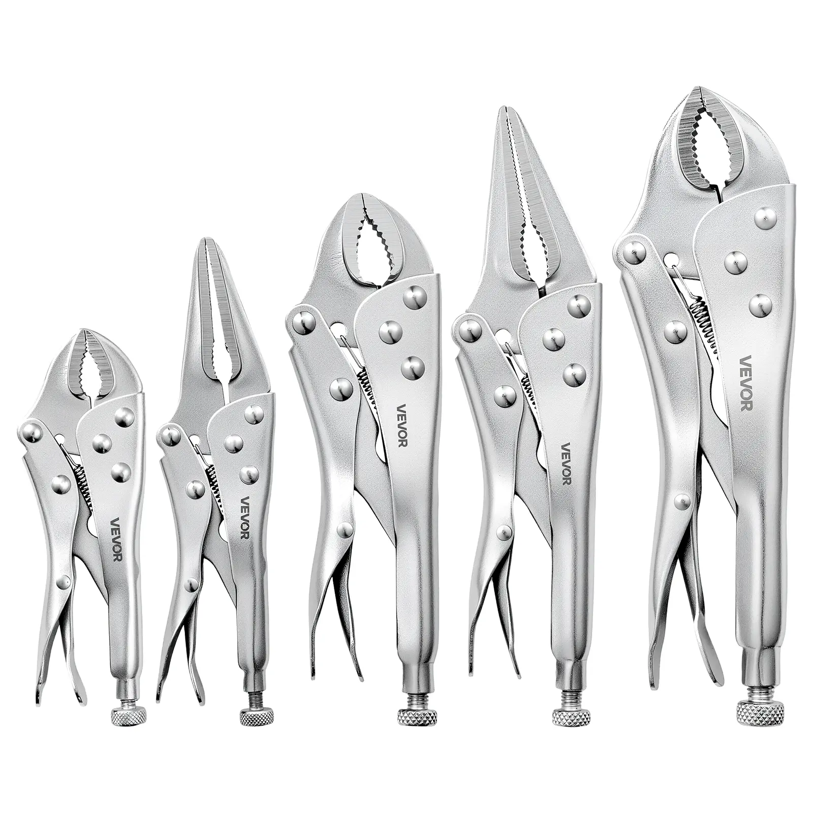VEVOR Locking Pliers Set 5-Piece Pliers Tool Set Nickel-Plated Carbon Steel, Hand Tools for DIY & Home Use, 5"/7"/10" Curved Jaw, 6.5"/9" Long Nose, Ergonomic Non-Slip Handles, Adjustable Jaw Opening