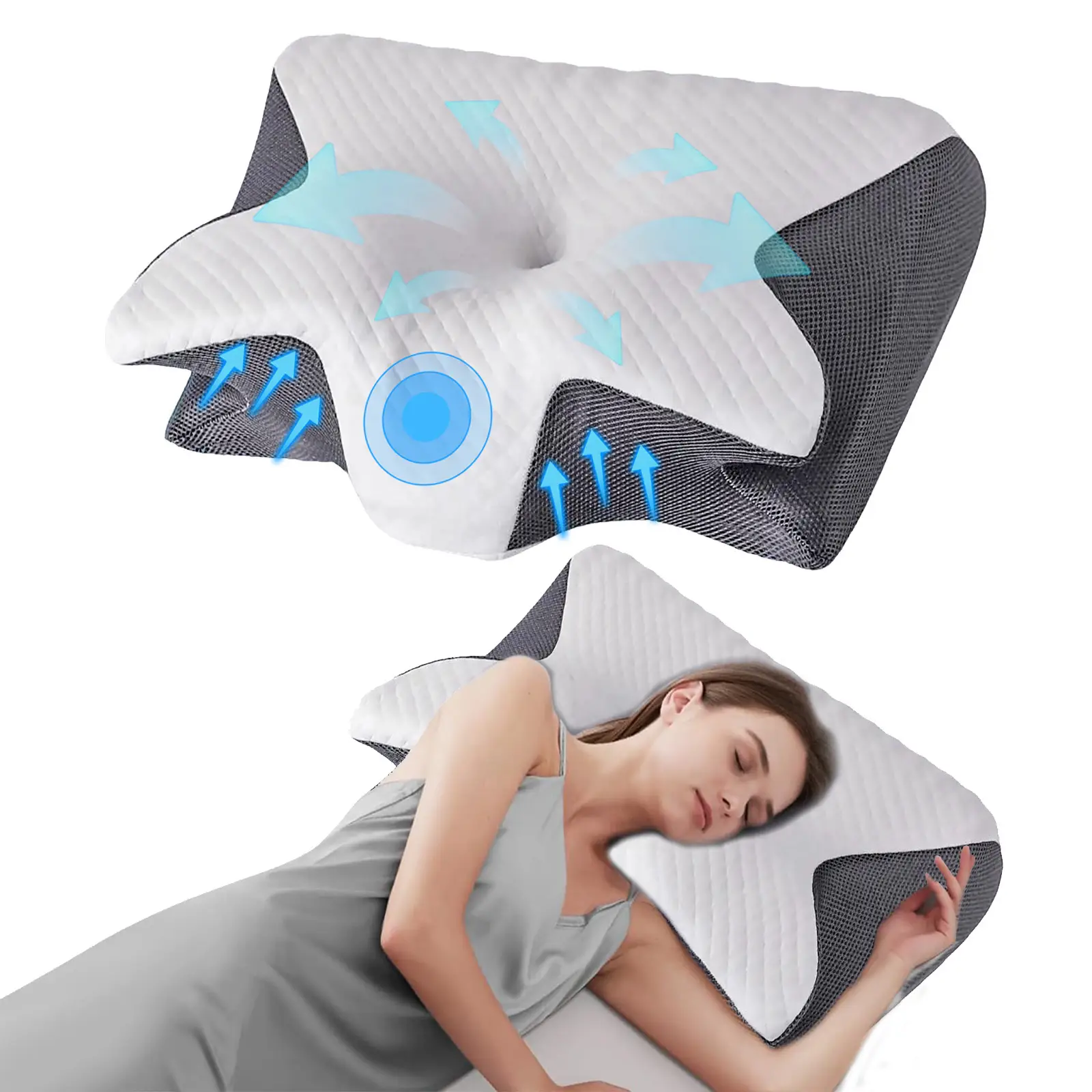 Two-way design with two different heights, memory foam pillow for neck and shoulder relaxation, and contoured armrests for side and stomach sleepers.