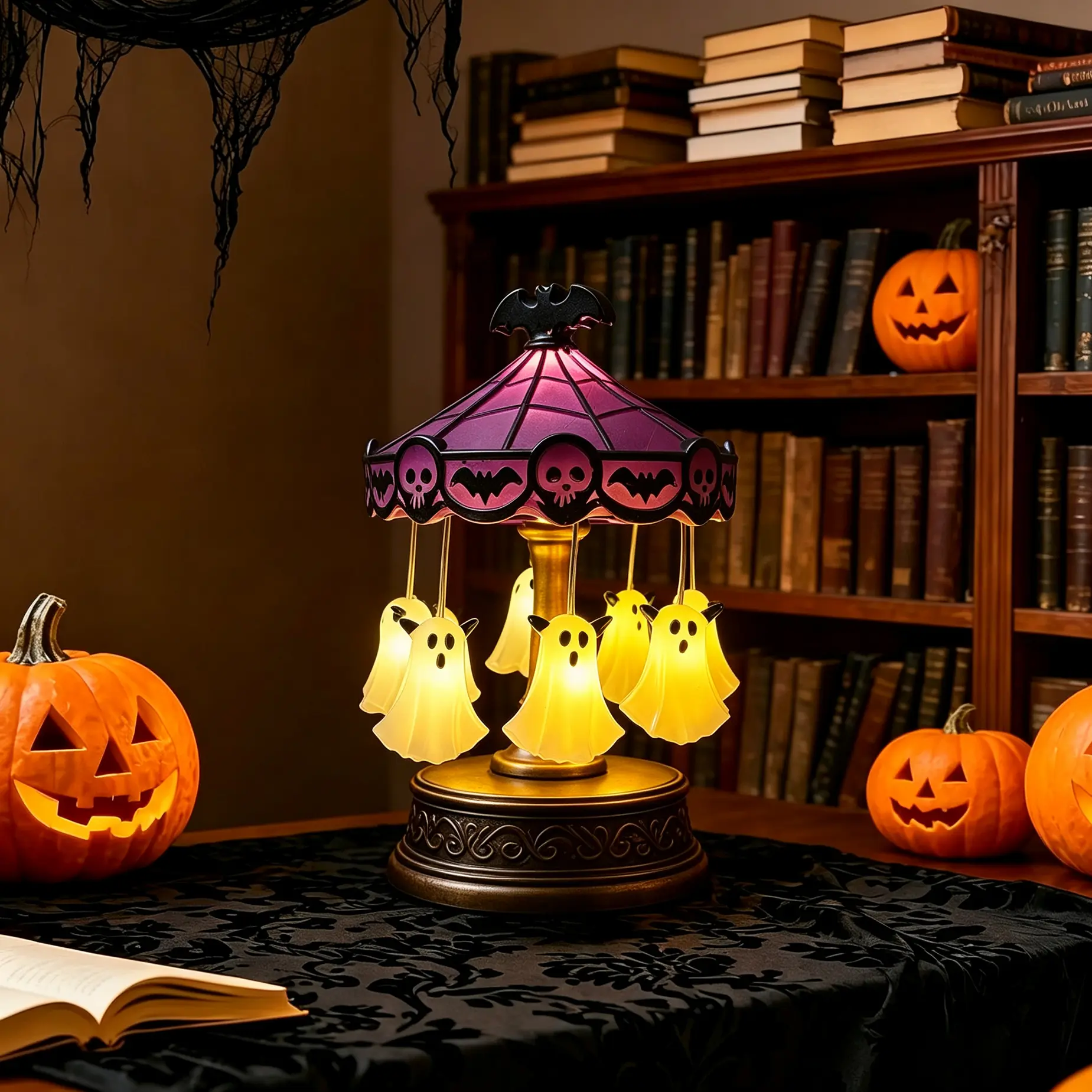 Ghost Carousel Lights Halloween Gothic Decor LimitedEdition, Rotating Resin Ghost Table Lamp Vintage StainedGlass LED Night Light Spooky Ghost Desktop Ornament forHalloween Party Bedroom Haunted House Gothic Decor Home