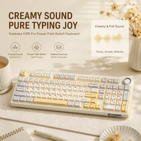Solakaka KI99 Pro 96% Tri-Mode Custom Mechanical Keyboard - Creamy Keyboard, PBT Keycaps, Precise Wireless, Hot-Swappable Gasket Mount, Flower Field Pre-Lubed Switches, RGB Backlit, Knob Volume Control, Beige White, Bluetooth/2.4G/USB-C for PC/Laptop