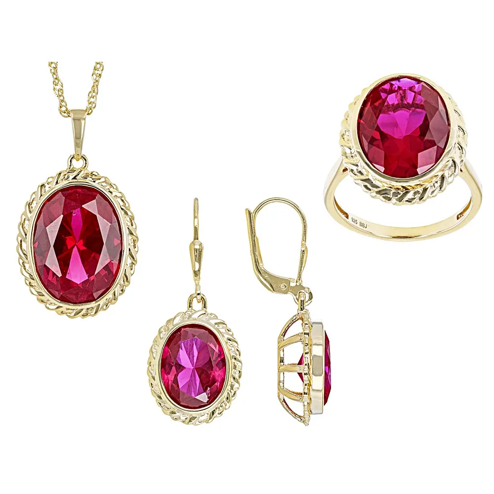 JTV Red Lab Created Ruby 18k Yellow Gold Over Sterling Silver Ring, Earring And Pendant With Chain Set