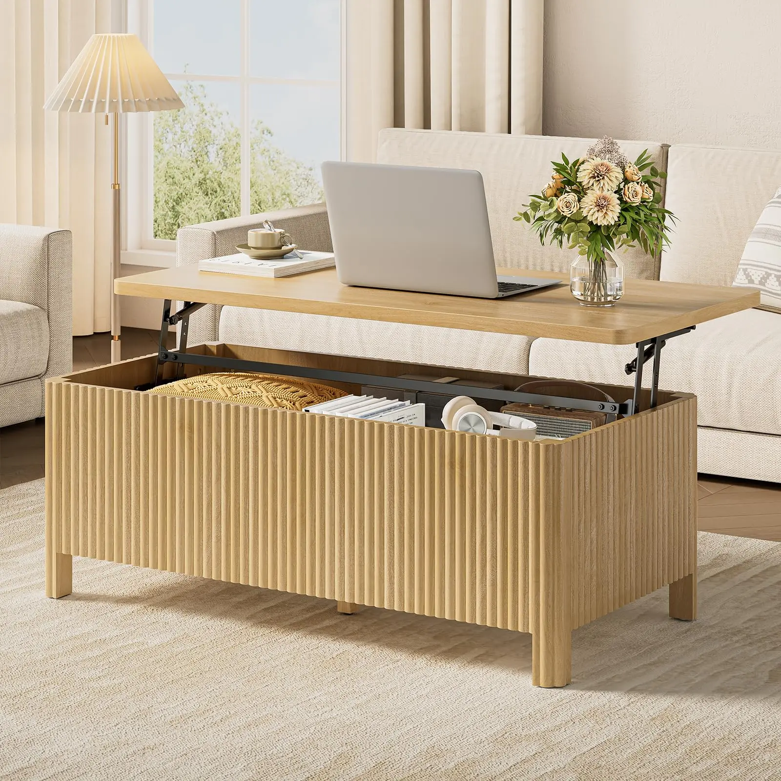 【BackToSchool】ONBRILL Fluted Lift Top Coffee Table with Storage, Mid Century Modern Coffee Table with Hidden Compartment, Rising Top Wood Center Table for Living Room, Home Office, Rounded Edges,dorm essentials,home decor