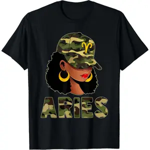 Aries Queen Camouflage Black Woman Cap Zodiac Sign T-Shirt
