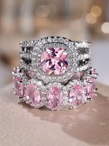 Luxury Ring Set Pink Synthetic Gemstone Rings for Women & Girls Delicate Jewelry Perfect for Engagement Weddings Party, Daily Wear Anniversary Gift