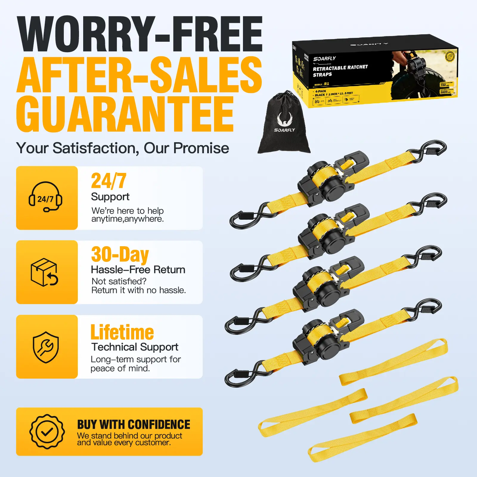 SOARFLY R1 Retractable Ratchet Straps, 1" x 11.5 ft-1600 LB Break Strength, Car Tie Downs with Ratchets Straps for Cargo, Truck, Trailer, Motorcycle, Boat (2-Pack or 4-Pack)