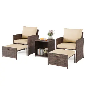 5-Piece All-Weather PE Wicker Patio Set with Sofa, 2 Ottomans & Tiered Coffee Table — Perfect for Garden, Balcony & Poolside Conversations
