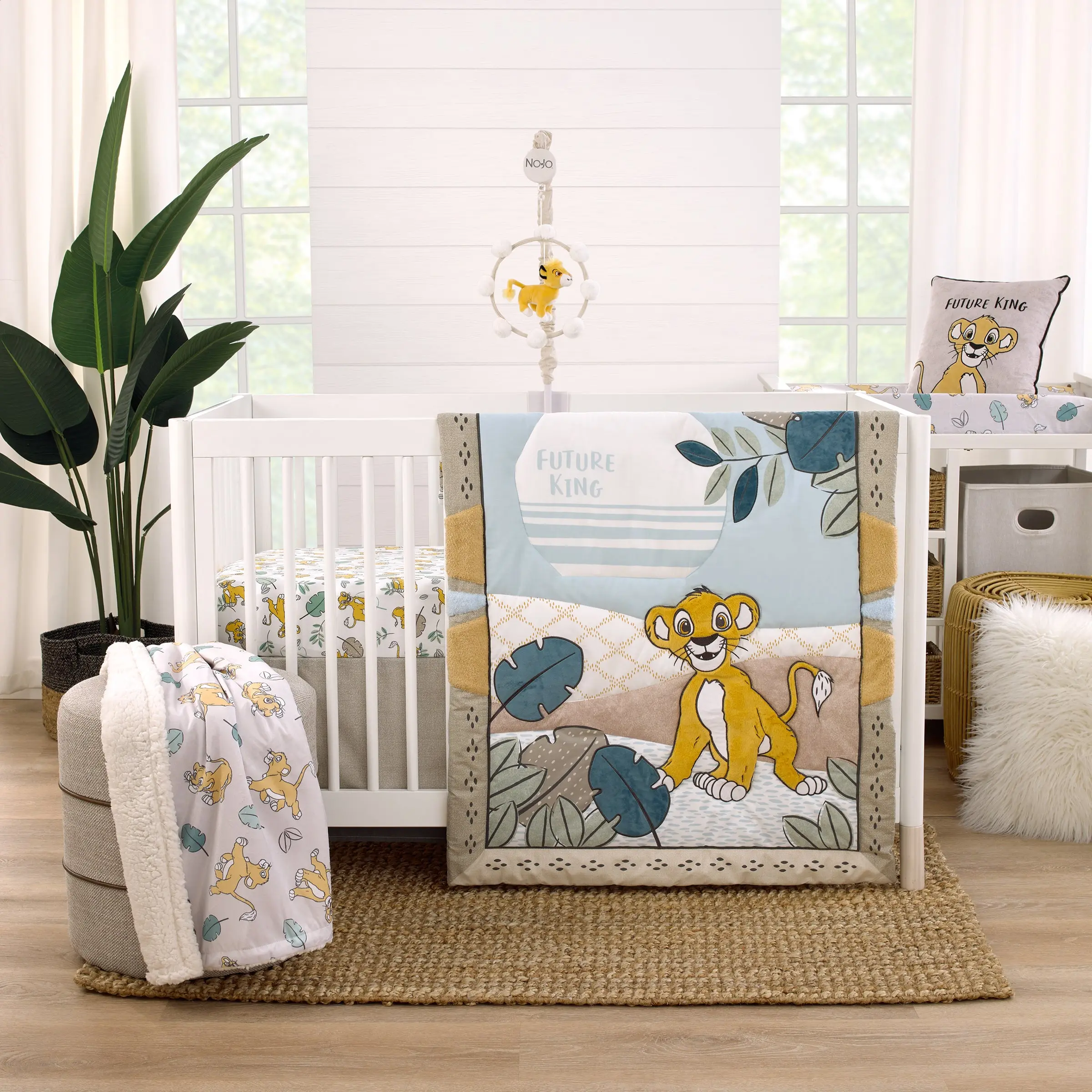 Lion King Blue, Green, Taupe and Gold Simba Future King 3 Piece Nursery Crib Bedding Set - Comforter, Cotton Fitted Crib Sheet, and Crib Skirt