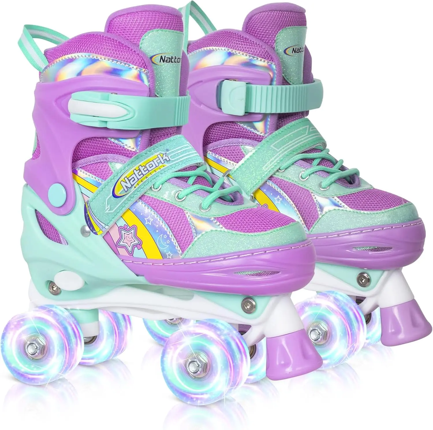 Nattork Kids Roller Skates for Girls, 4 Size Adjustable Rainbow Quad Skates with All Light Up Wheels - Best Birthday Gift for Outdoor Sports