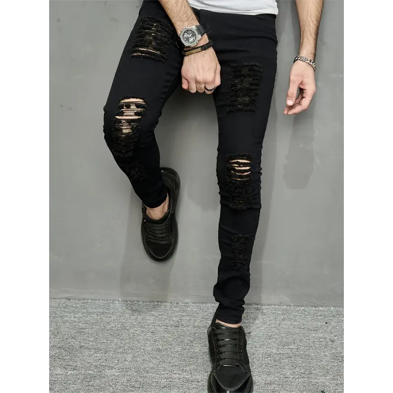 Men's Slim-Fit Black Ripped Jeans - Stretch Denim, Hip-Hop Street Style, Machine Washable Pants Cotton Menswear Trouser