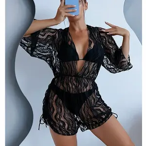 3 Piece Sexy Bikini Sets for Women with Mesh Romper Cover Up, Halter Triangle Swimsuit High Cut Bathing Suit Beachwear