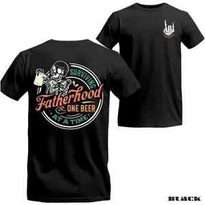 Surviving Fatherhood Tee – Skeleton with Beer Graphic, Funny Quote for Dad, Cotton Unisex Shirt
