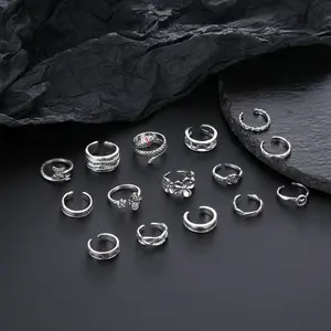 16 Pcs Vintage Snake Open Cuff Ring Set, Silver Gothic Stackable Rings, Hypoallergenic Alternative Jewelry for Women