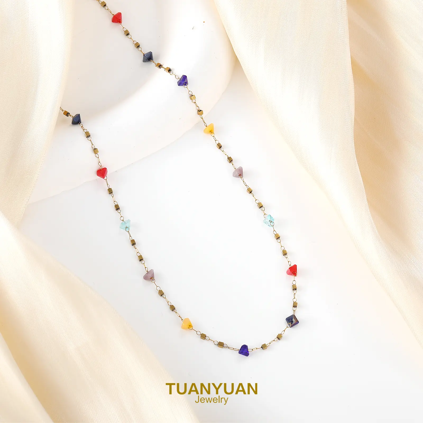 Elegant Aesthetic French-Inspired Colorful Beaded Charm Gold-Tone Chain Necklace, 40cm with 5cm Extension, Gold-Plated Stainless Steel Unisex Adjustable Skin-Friendly Jewelry, Babies Breath Accent, Anytime Wear Daily Use Chains Necklace
