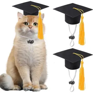 2 Pack Mini Graduation Caps with Yellow Tassels, Small Animal Bachelor Hats for Cats and Dogs, Adjustable Pet Graduation Photo Props and Holiday Costume Accessories(Costume Sets)