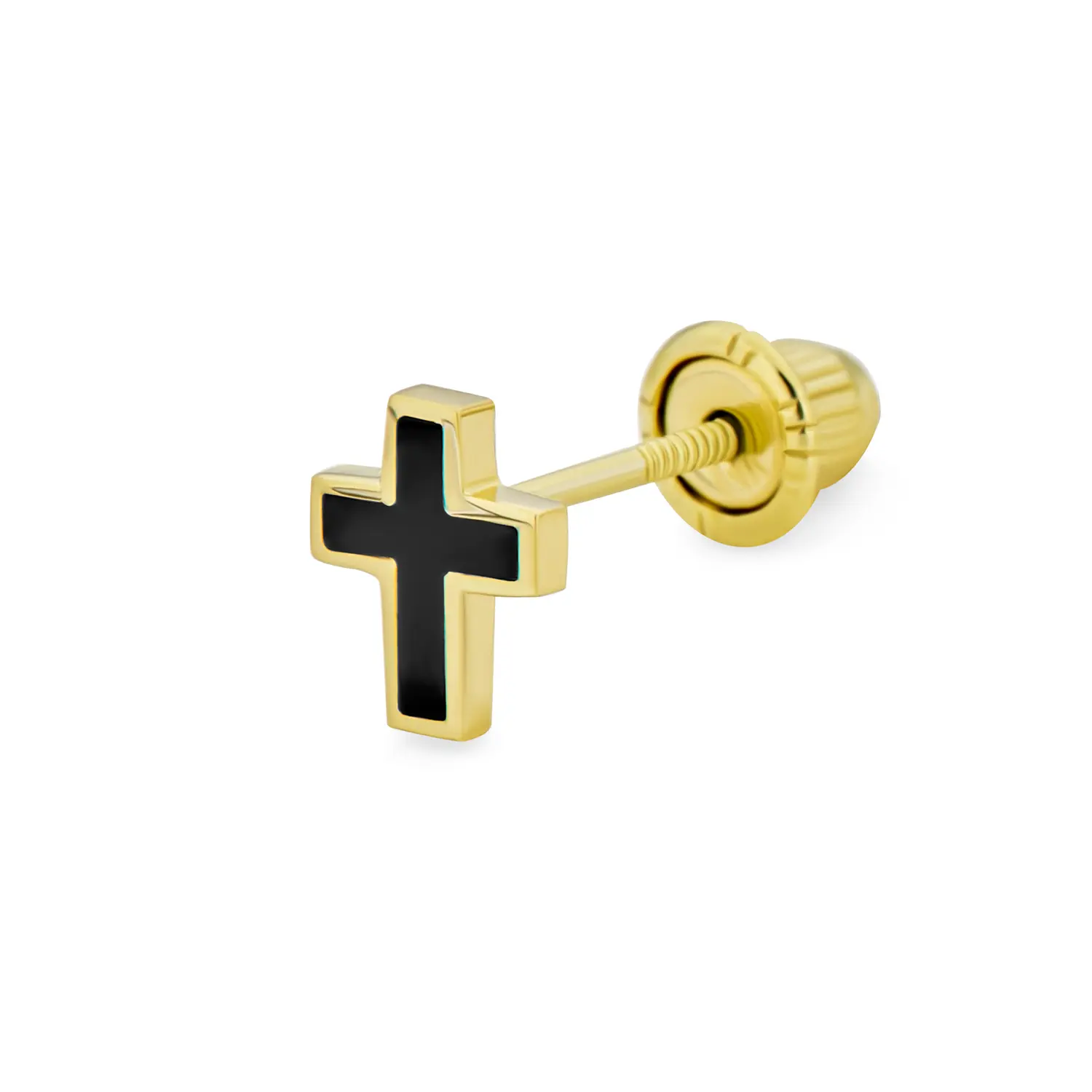 Minimalist Black CZ Cross Cartilage Stud Earring In 14K Yellow Gold (single)