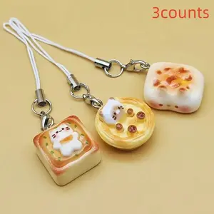 3 Piece Japanese Cute Cat Bread Keychain Set, Kawaii Toast Charm with Adorable Cat Face, Perfect for Phone and Bag Decoration, Keychain Pendant, Keychain for Bags