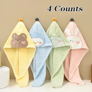 4-Pack Cute Hair Drying Hat Patches, Soft Coral Velvet Towel with Buttons, Super Absorbent, Personal Care, Swimming, Fitness, Bathroom Essentials