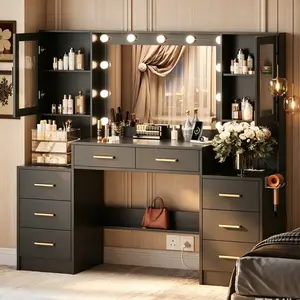 58.3”Vanity Desk with Mirror and Replaceable Lights & Charging Station,Bedroom Dressing Table,Large Vanity Set,8 Drawers and 2 Cabinets,Makeup Vanity Table with Charging Station, Without Stool