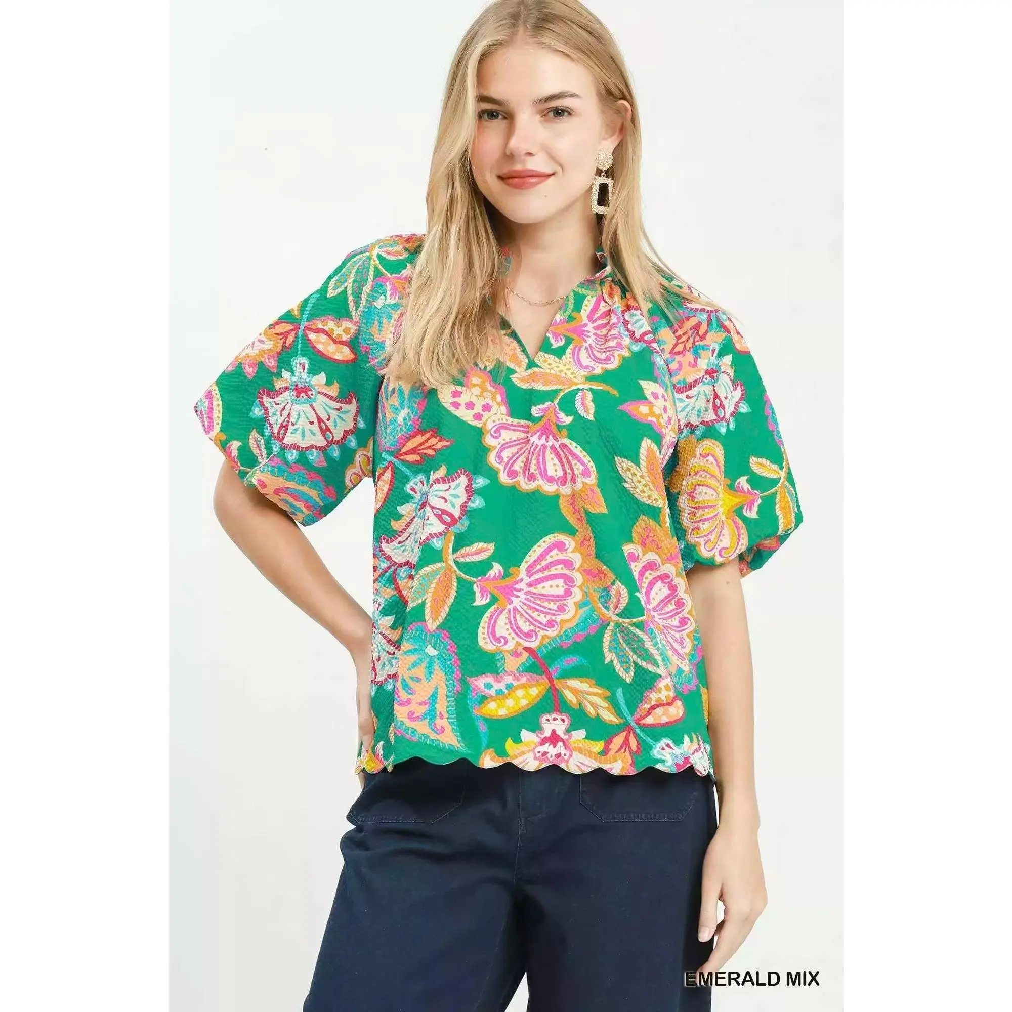 Women's Umgee Polyester Breathable Short-Sleeve Fit Blouse - Mix Floral Print, Scallop Hem, Casual Everyday Going-Out Top, Lightweight Colorful Ready-To-Wear Fabric Clothes