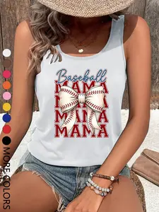 Women's Summer Baseball Style Sleeveless Top, Geometric Print Casual Loose Fit Round Neck Tank Top, Multicolor Options for All Seasons, Womenswear