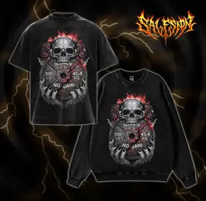 Vintage Acid Wash Oversized Gym Shirt Muscle Tank & Sweatshirt No Pain No Gain Skull Heavy Weightlifting Graphic Streetwear Pump Cover Tee for Men Women Fitness Gift