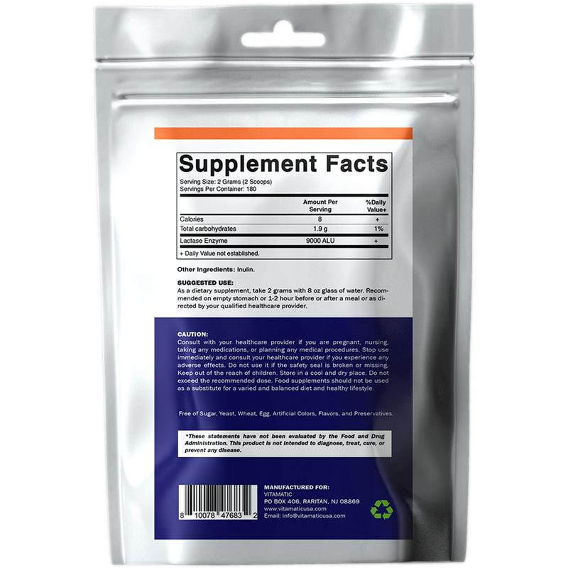 Vitamatic Lactase Enzyme Powder 9000 ALU Per Serving 180 Servings Supports Lactose Digestion Non-GMO Gluten Free Formulated by Healthcare Professional Vitamin Dietary