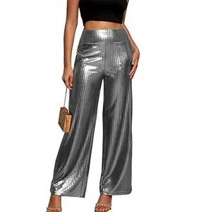 Women's Metallic Wide Leg Palazzo Pants Rib Pleated Smocked Waist Party Club Sequin Slacks Pant