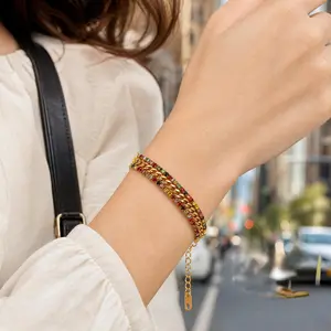 Boho Multicolor Crystal Cuban Bracelet, Gold Plated Stainless Steel, Sparkly Statement Bangle, Perfect Gift for Her