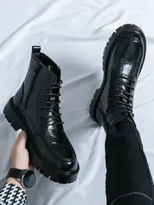 Men's Fashionable Solid Color Lace Up Ankle Boots Casual Comfortable Boots  Male All-match Trend Shoes Men's Leather Platform Combat Boots Fashion Lace Up Side Zipper Lug Sole Non-Slip High Top Motorcycle Boots Comfort Outdoor Waterproof chelsea  boot