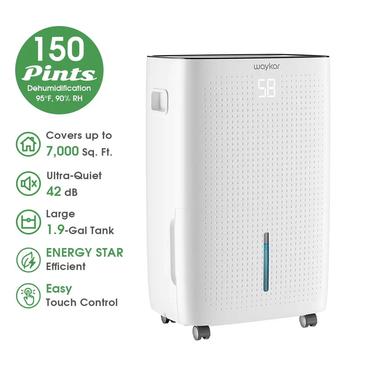 Waykar 150-Pint High-Capacity Dehumidifier for Home & Basement, 90° Auto Swing, Built-In Pump, Up to 7,000 Sq. Ft., 9.85-Ft Vertical Drain, 30–80% RH Control, Auto Defrost, 24H Timer