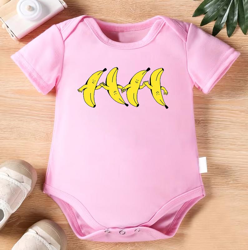 100% Cotton Baby Romper - Soft Short Sleeve Jumpsuit with Holding Hands Banana Cartoon Print, Casual Outfit Suitable for Newborns, Machine Washable Infant Clothing, Perfect for Daily Play